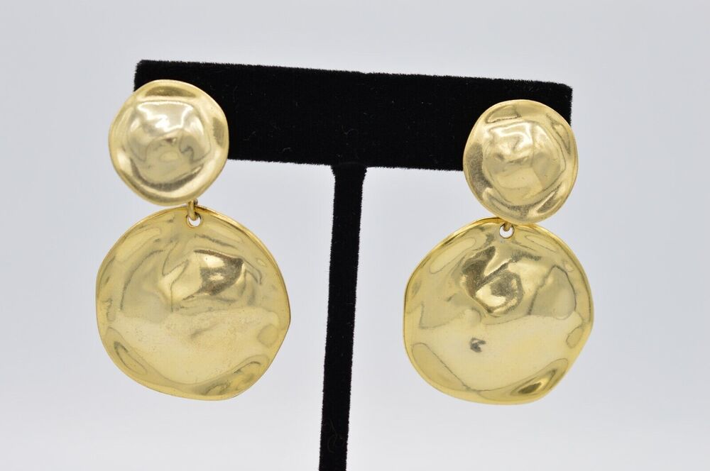 Vintage Clip Earrings Metallic Sandy Brushed Gold Dangle Statement 1980s 9I